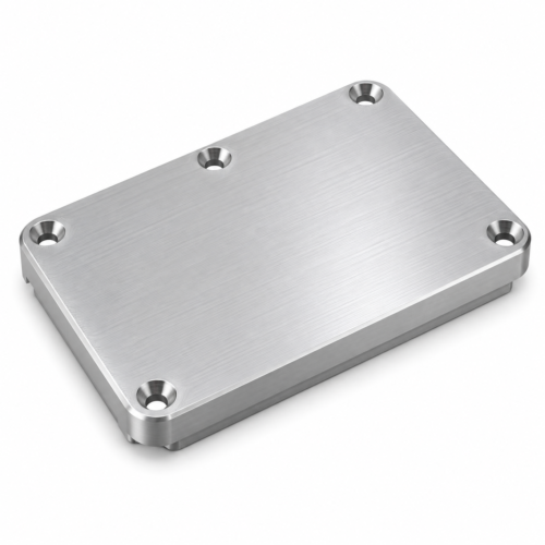 Design illustration of a CNC machined aluminum housing cover with countersunk mounting holes